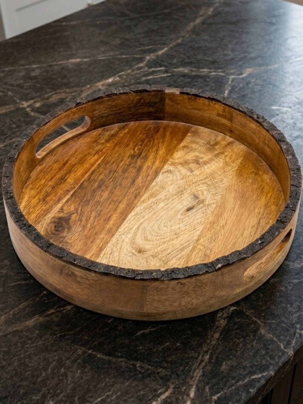 Rustic Round Mango Wood Serving Tray with Natural Bark Edge